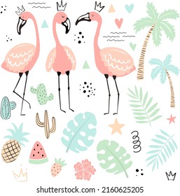 Colección vectorial de iconos aislados tropicales: flamingo, palma, hojas, monstera, cactus, piña, sandía, fresa. Ilustración hecha a mano en verano para niños, plantillas, tarjetas, fondos