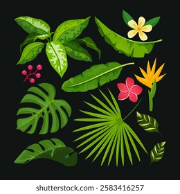 Vector collection of tropical leaves and blooming flowers isolated on white background.