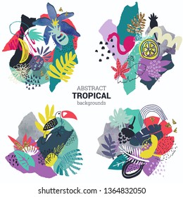 Vector collection of tropical plants, flowers. birds, hand painted texture compositions. Artistic abstract floral exotic summer backgrounds in cut paper collage style