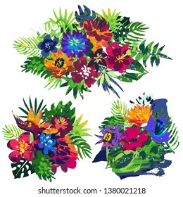 Vector collection of tropical plants and flowers bouquets and hand painted texture. Beautiful artistic abstract floral illustration. Summer floral compositions