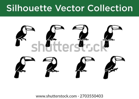 Vector collection of tropical toucan bird silhouettes, perfect for design.