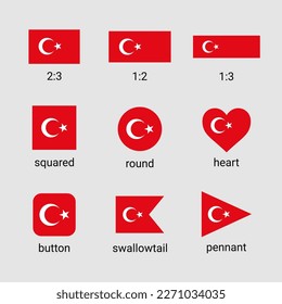 Vector collection of Turkish flags in different shapes and ratio. Turkey flag high quality set