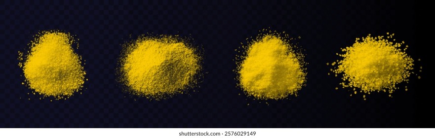 vector collection of turmeric textures: fine powder, coarse particles, and scattered piles. High-quality on black background, ideal for culinary, wellness, or design projects. Vibrant and natural.