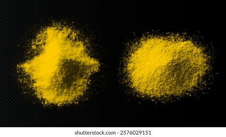 vector collection of turmeric textures: fine powder, coarse particles, and scattered piles. High-quality on black background, ideal for culinary, wellness, or design projects. Vibrant and natural.