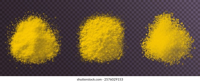 vector collection of turmeric textures: fine powder, coarse particles, and scattered piles. High-quality on black background, ideal for culinary, wellness, or design projects. Vibrant and natural.