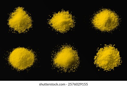 vector collection of turmeric textures: fine powder, coarse particles, and scattered piles. High-quality on black background, ideal for culinary, wellness, or design projects. Vibrant and natural.