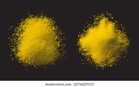 vector collection of turmeric textures: fine powder, coarse particles, and scattered piles. High-quality on black background, ideal for culinary, wellness, or design projects. Vibrant and natural.