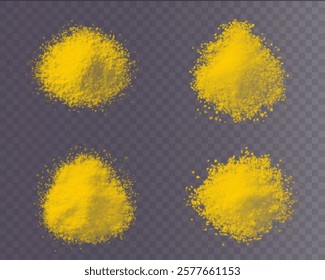 vector collection of turmeric textures: fine powder, coarse particles, and scattered piles. High-quality on black background, ideal for culinary, wellness, or design projects. Vibrant and natural.