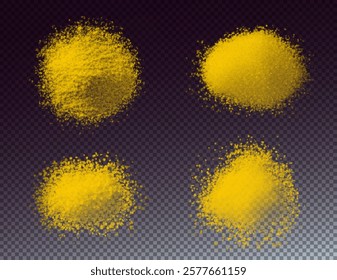 vector collection of turmeric textures: fine powder, coarse particles, and scattered piles. High-quality on black background, ideal for culinary, wellness, or design projects. Vibrant and natural.