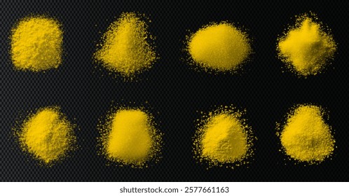 vector collection of turmeric textures: fine powder, coarse particles, and scattered piles. High-quality on black background, ideal for culinary, wellness, or design projects. Vibrant and natural.