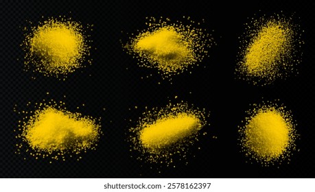 vector collection of turmeric textures: fine powder, coarse particles, and scattered piles. High-quality on black background, ideal for culinary, wellness, or design projects. Vibrant and natural.