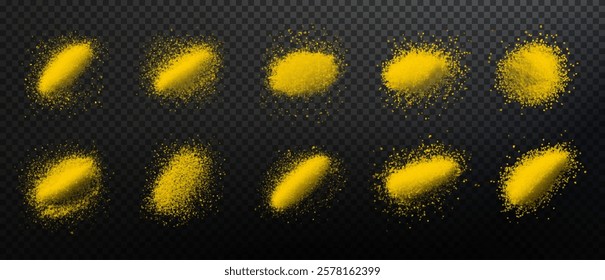 vector collection of turmeric textures: fine powder, coarse particles, and scattered piles. High-quality on black background, ideal for culinary, wellness, or design projects. Vibrant and natural.