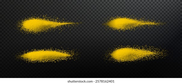 vector collection of turmeric textures: fine powder, coarse particles, and scattered piles. High-quality on black background, ideal for culinary, wellness, or design projects. Vibrant and natural.