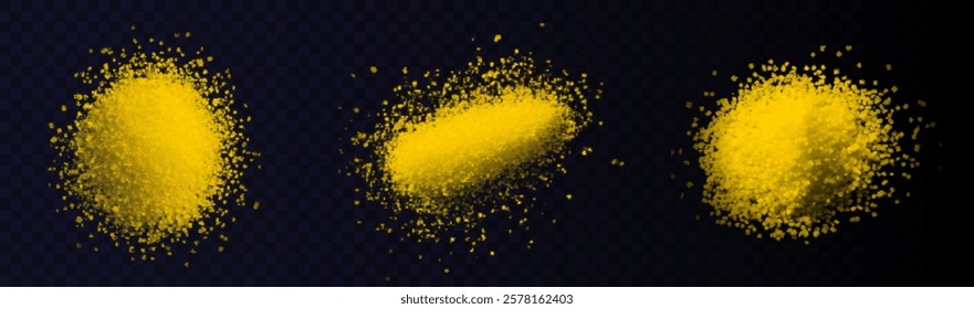 vector collection of turmeric textures: fine powder, coarse particles, and scattered piles. High-quality on black background, ideal for culinary, wellness, or design projects. Vibrant and natural.