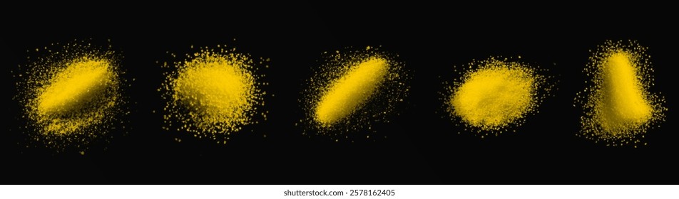 vector collection of turmeric textures: fine powder, coarse particles, and scattered piles. High-quality on black background, ideal for culinary, wellness, or design projects. Vibrant and natural.