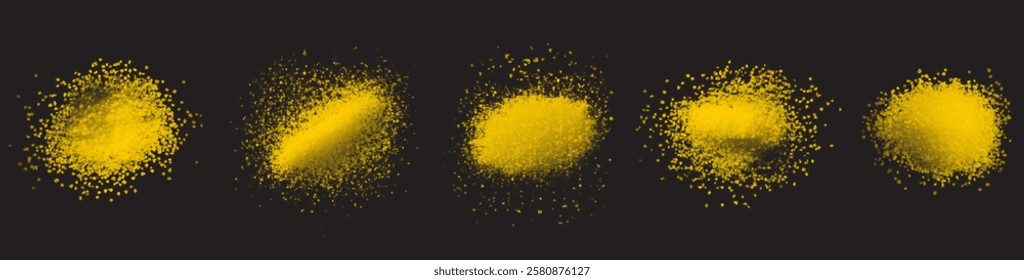 vector collection of turmeric textures: fine powder, coarse particles, and scattered piles. High-quality on black background, ideal for culinary, wellness, or design projects. Vibrant and natural.