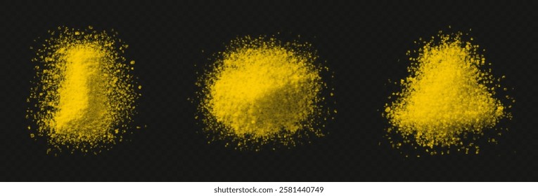vector collection of turmeric textures: fine powder, coarse particles, and scattered piles. High-quality on black background, ideal for culinary, wellness, or design projects. Vibrant and natural.
