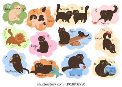 Vector collection of twelve zodiac signs: Aries, Taurus, Gemini, Cancer, Leo, Virgo, Libra, Scorpio, Sagittarius, Capricorn, Aquarius, Pisces. Set of cute kawaii zodiac cats.