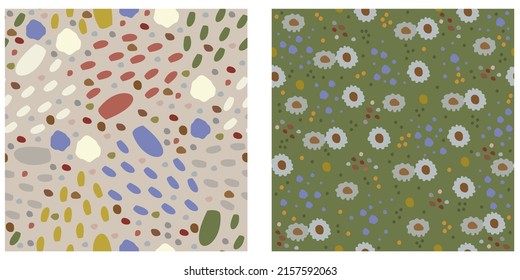 Vector collection of two abstract floral seamless patterns isolated on white background.