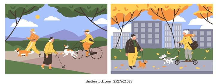 Vector colección de dos ilustraciones con personas mayores llevando un estilo de vida activo con perros, animales caminando en el parque entre árboles con hojas de otoño