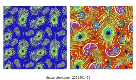 Vector collection of two seamless patterns with peacock feathers and paisley on blue and red background.