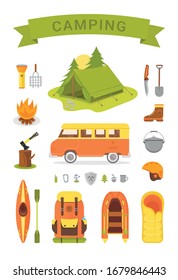 Vector collection of types of equipment for camp, hiking, outdoor activities, traveling to forest and mountain. Set of items for lifestyle in wild nature. Camping illustrations of tent and trailer.