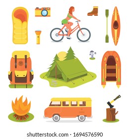 Recogida de vectores para campamentos, caminatas, actividades al aire libre y viajes a la naturaleza salvaje. Camping ilustraciones de la tienda en un bosque, un remolque y una chica sexy deportiva en una bicicleta.