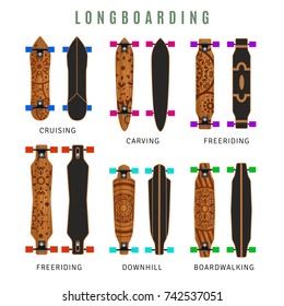 Vector Collection of types longboards. With ornaments