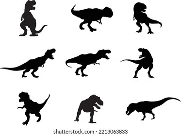 A vector collection of Tyrannosaurus rex silhouettes for artwork compositions. svg