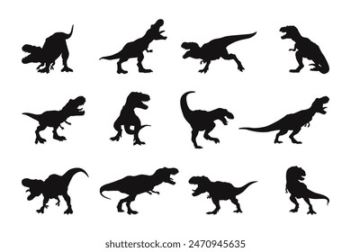 A vector collection of Tyrannosaurus rex silhouettes for artwork compositions.