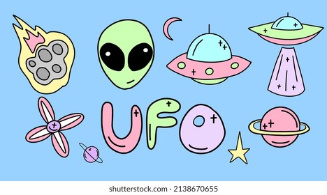 Vector Collection of ufo, aliens and space objects drawn in flat style. Children's space illustration.