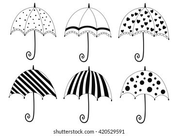 Vector collection of umbrellas. Illustration for your design. Monochrome pattern in doodle style.