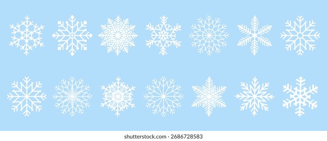 Vektorgrafik von einzigartigen, detailreichen weißen Schneeflocken auf hellblauem Hintergrund. Ideal für Winter-, Weihnachts-, Neujahr-, Feiertags- und Frostdekorationen
