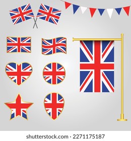 Vector collection of United kingdom flag emblems and icons in different shapes vector illustration of UK