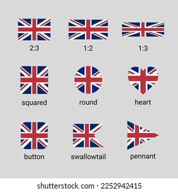 Colección de vectores de banderas del Reino Unido en diferentes formas y proporciones. Bandera británica Jack de alta calidad