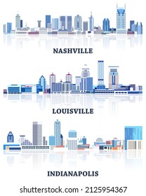 vector collection of United States cityscapes: Nashville, Louisville, Indianapolis skylines in tints of blue color palette. Сrystal aesthetics style