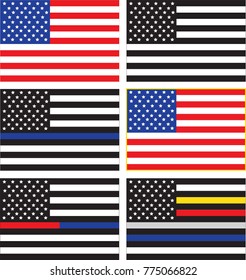 Vector collection of United States Flags representing American military, thin line flags for police or law enforcement blue, fire fighter red, dispatch yellow, emergency medical services, correctional