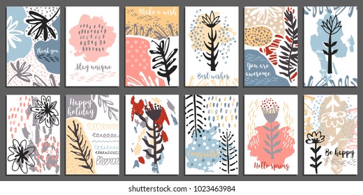 Vector collection of unusual cards with flowers. Beautiful freehand colorful illustration. For your design for poster, card, invitation, placard, brochure, flyer