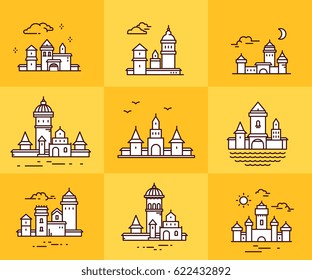 Vector collection of urban structures on yellow background. Set of variation of white city buildings with cloud, birds, sun, moon. Thin line art design for web, site, advertising, banner