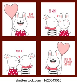 Vector collection of Valentine's day cards. Set of square Valentine romantic cards with cute rabbits - boy and girl. EPS8