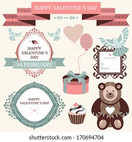 Vector collection of valentines day decorative elements for your design with ornamental frames and ribbons.