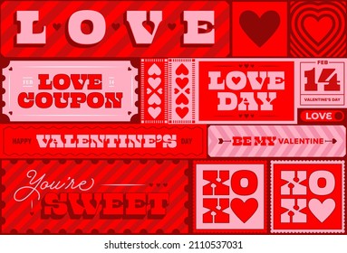 Vector collection of Valentine's Day themed stamps and tickets. Perfect for a sweet touch for banners, posts, packaging, flyers or cards. Each design may be used separately.