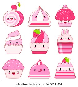 Vector collection of vanilla, blueberry, currant, strawberry jelly, ice cream, marshmallows, cupcake with berry. In kawaii style with smiling faces, pink cheeks and winking eye. For sweet design. EPS8