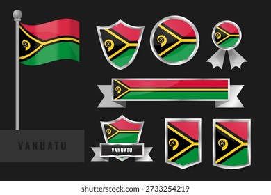 Coleção vetorial de bandeiras e emblemas nacionais de Vanuatu. Inclui bandeira ondulante, escudos, emblemas, fitas, banners com fundo superior preto, lados vermelhos, meio verde, fronde amarela de palmeira Y e emblema de presa de javali.