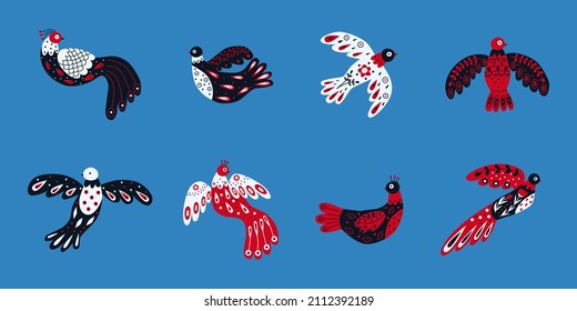 Colección vectorial de varias aves con diferentes ornamentos folclóricos. Fijado al estilo escandinavano. Ilustración de estilo étnico plano con nórdico detallado en colores de moda.