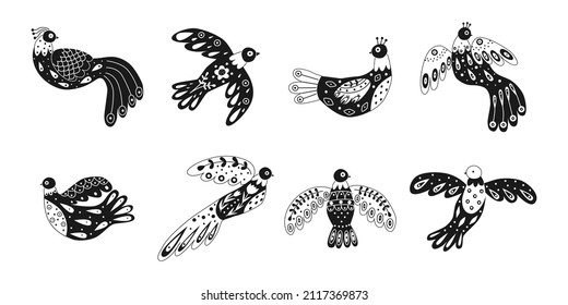 Colección vectorial de varias aves con diferentes ornamentos folclóricos. Fijado al estilo escandinavano. Ilustración plana étnica con nórdico detallado en colores blanco y negro.