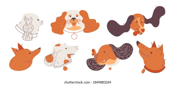 Vector collection with various dog heads isolated on white background