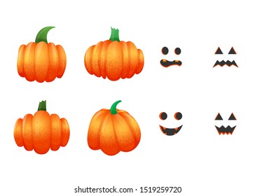 Vector collection of various drawn pumpkins and set of carved faces isolated on white background.  Elements for fall decorative design, halloween invitation, sticker, patch, scrapbook, webpage.