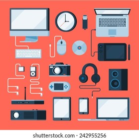 vector collection of various electronic devices, flat style illustration