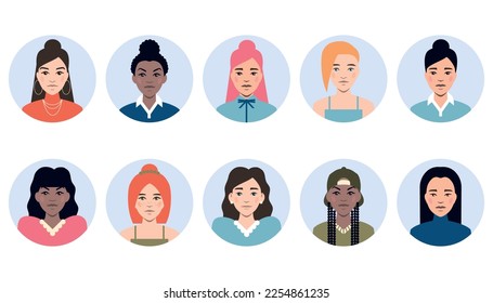 Vector collection of various female avatars, different woman's faces illustration - Shutterstock ID 2254861235
